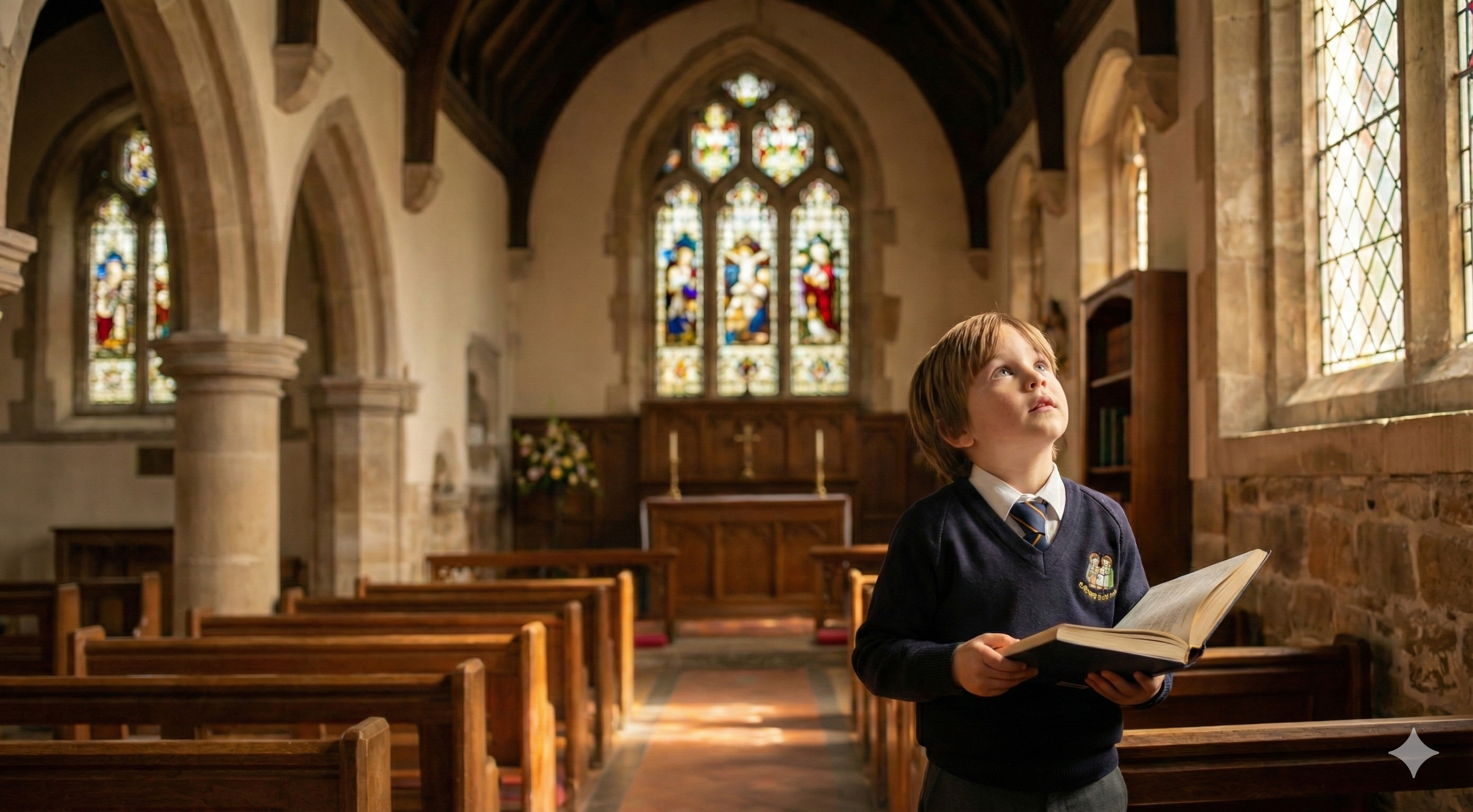Alumno leyendo en la iglesia